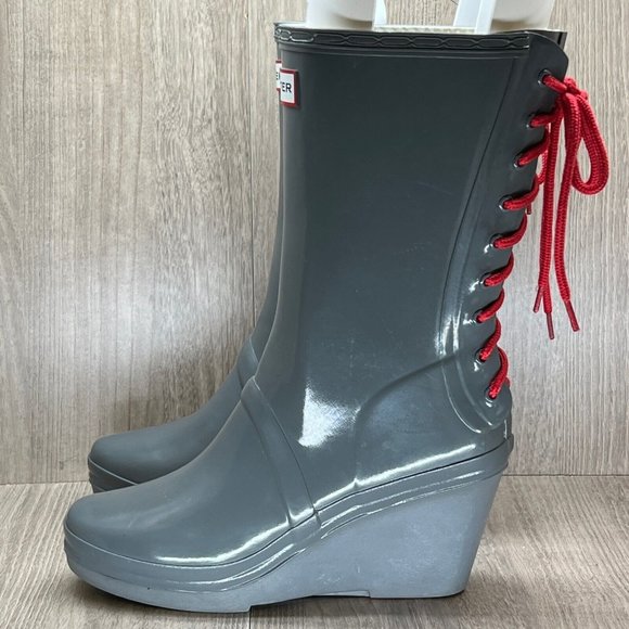 Hunter Rain Boots Womens Size 7 Verbier Tall Lace Up Detail Wedge Rubber Gray - Picture 3 of 10